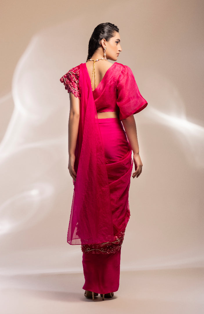 Fusion stitched saree drape with a blouse and half jacket