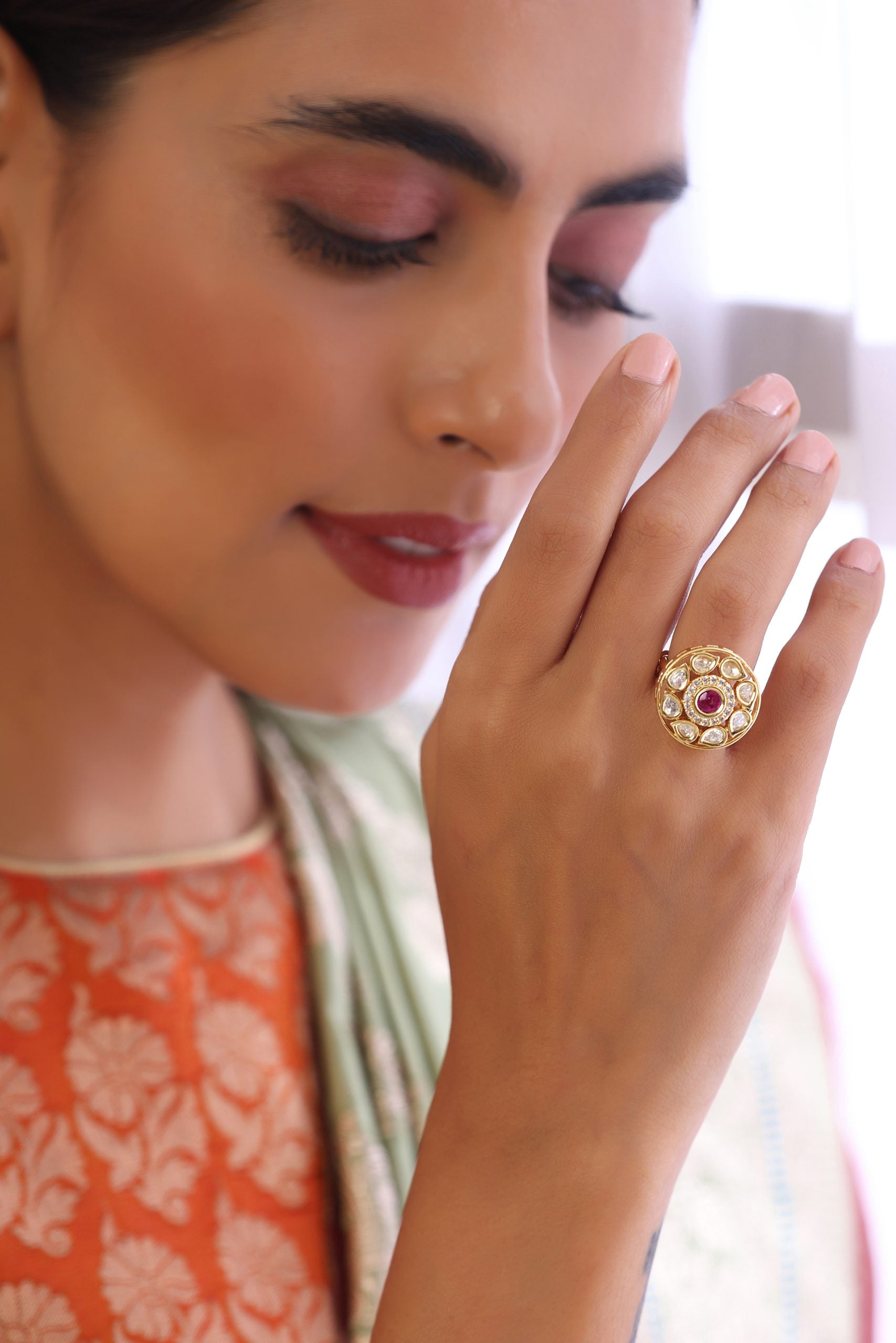 Red Gold Tone Kundan Ring