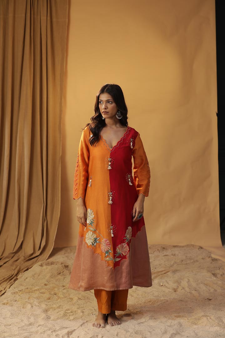 Image of ORANGE HANDPAINTED CHANDERI SILK SUIT SET