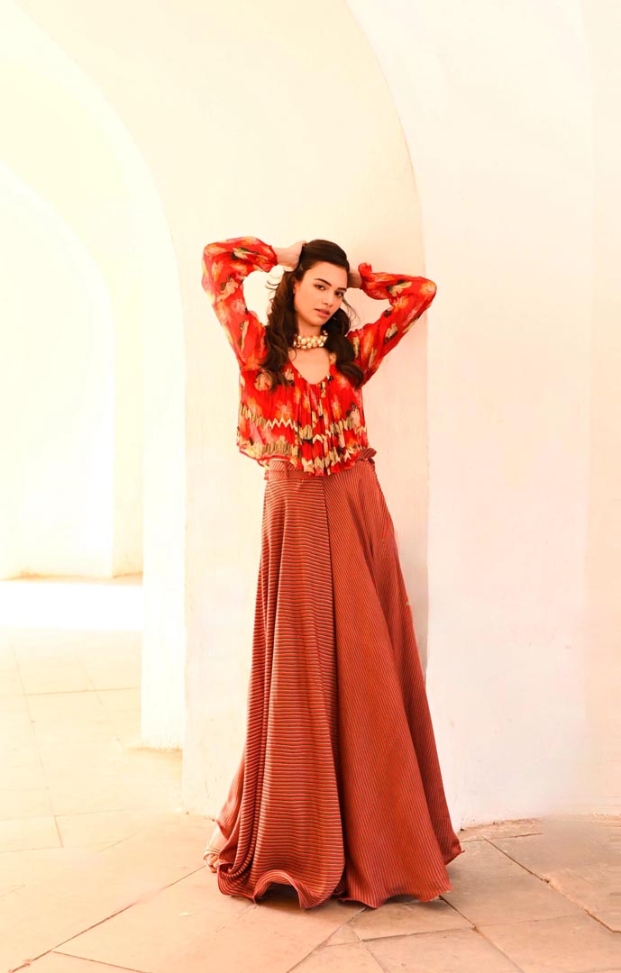 Image of Gulbahar Chilly  poppy boho top with stripe skirt and belt set