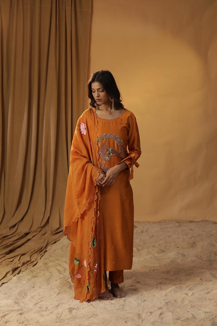 Image of RUST ORANGE BIRD EMBROIDERED SUIT SET