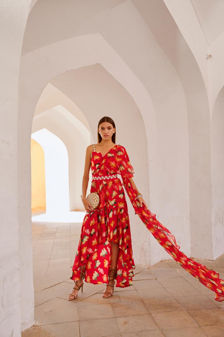 Image of Chilly red poppy  gul dress drape saree with belt