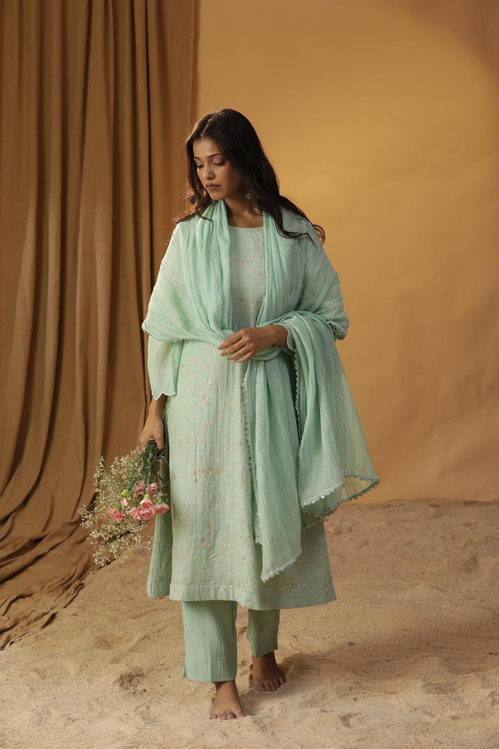 Image of SEA GREEN EMBROIDERED SUIT SET