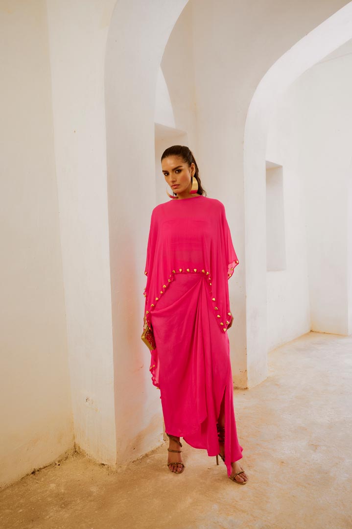 Image of Gulbahar Hot pink bell cape and drape skirt set