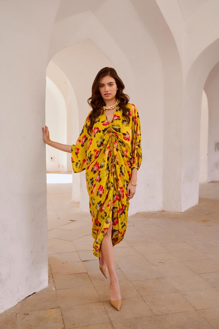 Image of Gulbahar  drawstring poppy kaftan dress