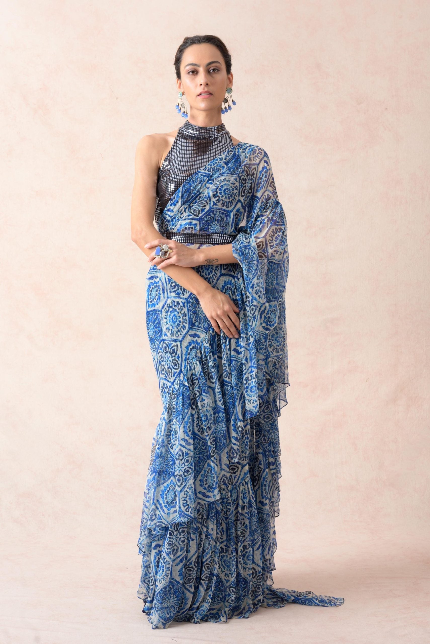 Pre-draped modern floral print chiffon ruffle saree with metallic blouse