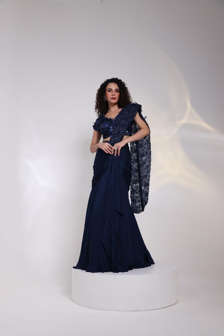 Navy Embellished Drape Saree AAD529BLUE