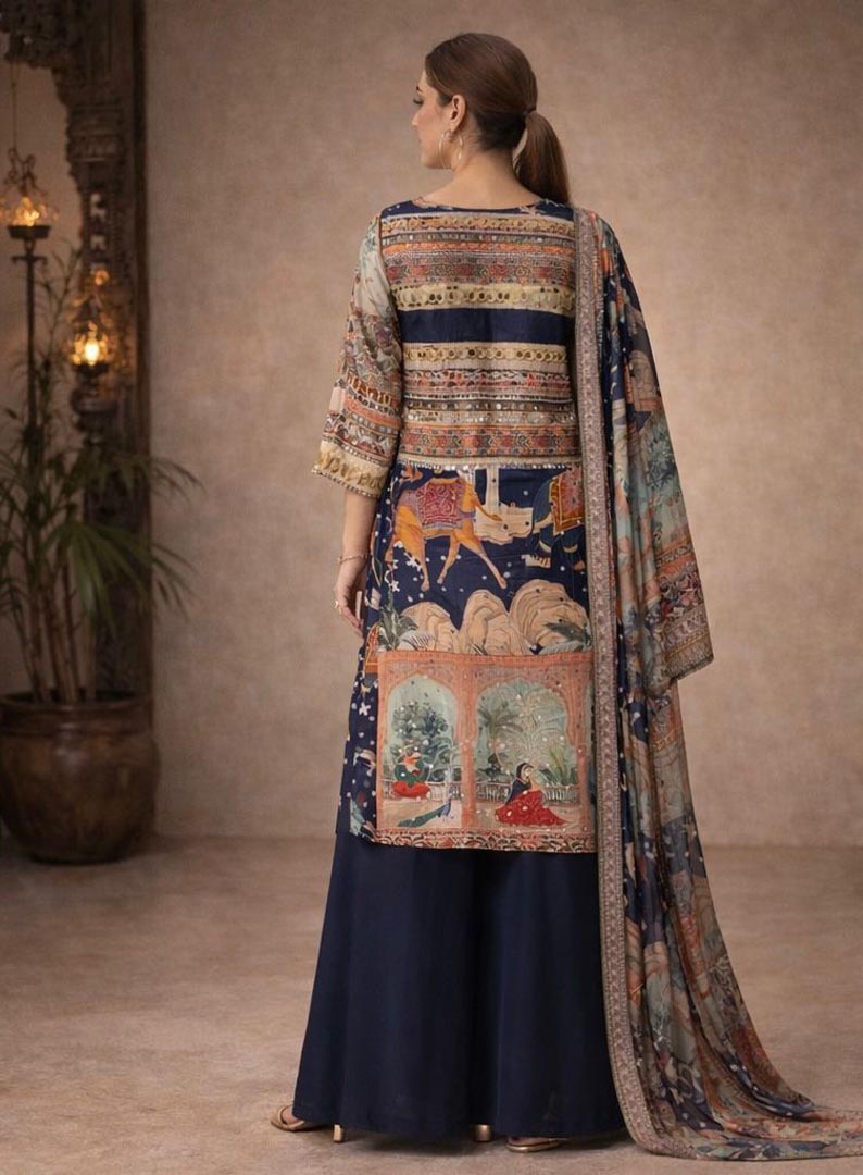 The Whispering Palace: Printed Crepe Sharara Set with Mirror Work