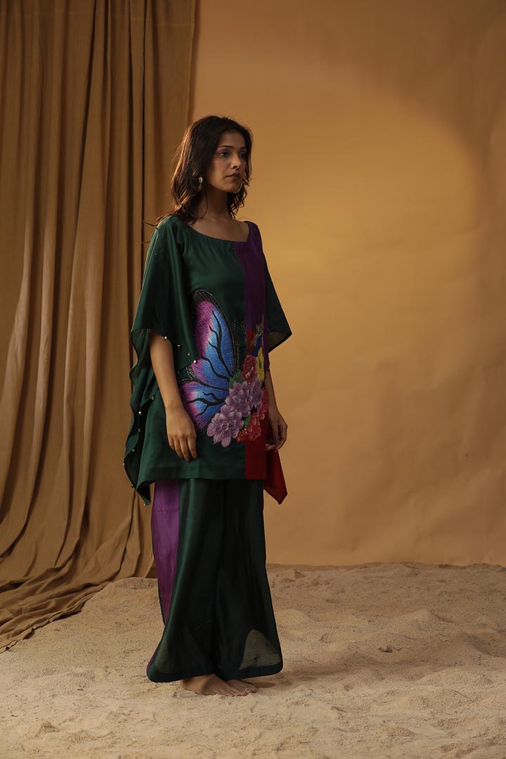 Image of GREEN BUTTERFLY BLOCK PRINT KAFTAN CO-ORD SET