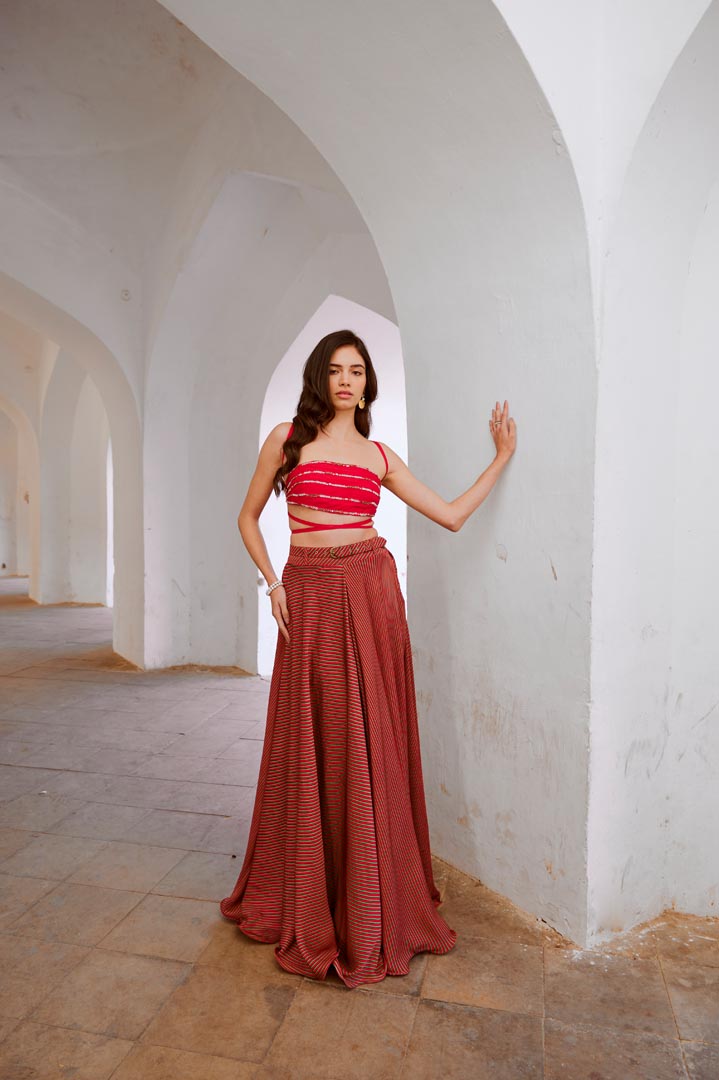 Image of Gulbahar Red Bandeau string top with stripe skirt and belt set