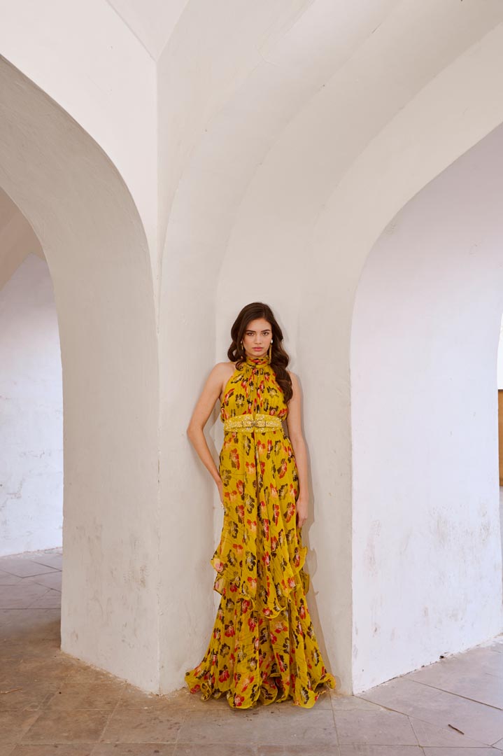 Image of Gulbahar Bumble bee green halter maxi with belt set.