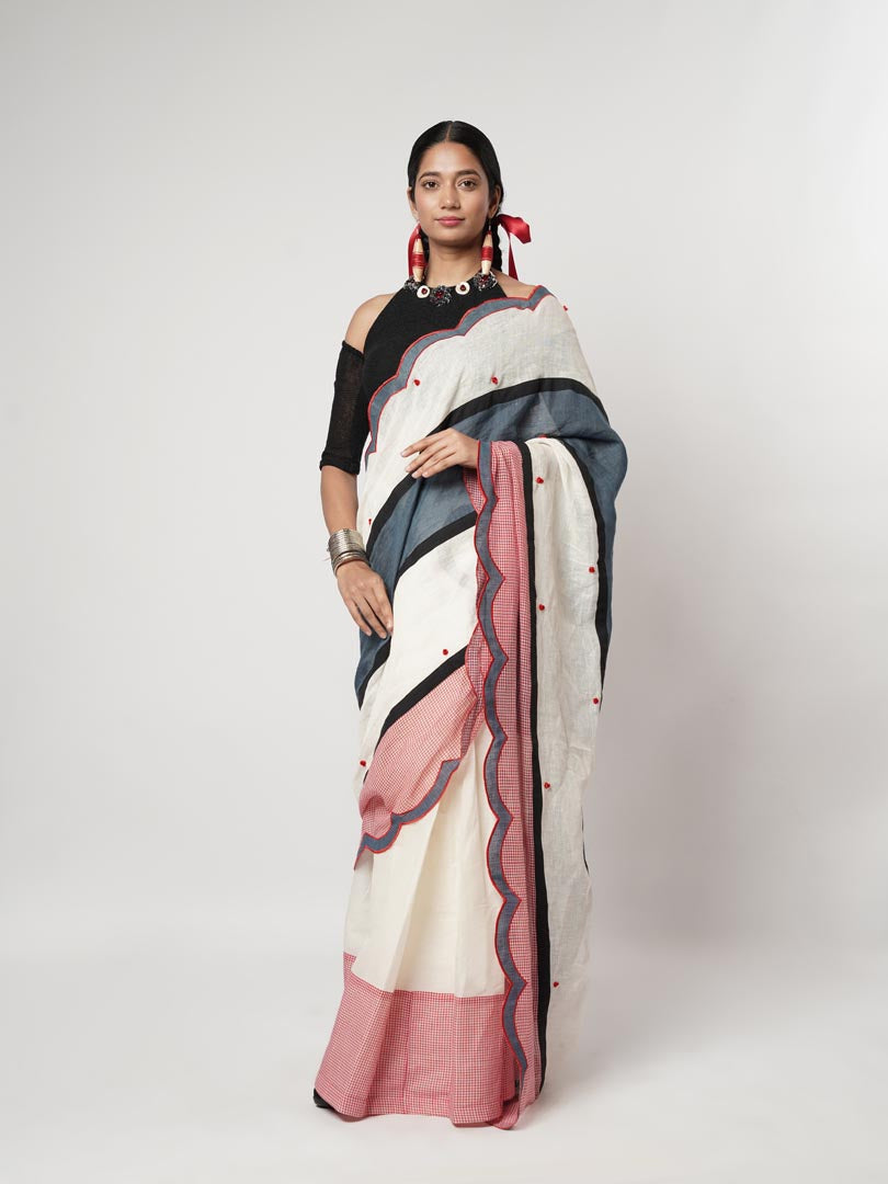 GAMCHA COLOUR BLOCK SCALLOP SAREE SET