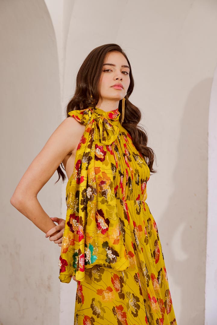 Image of Gulbahar Bumble bee green halter maxi with seperate bow  set.