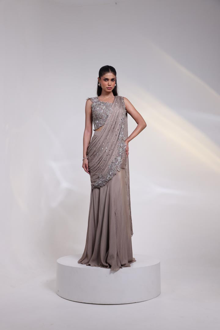 Ash Grace Draped Saree Gown AAD556ASH