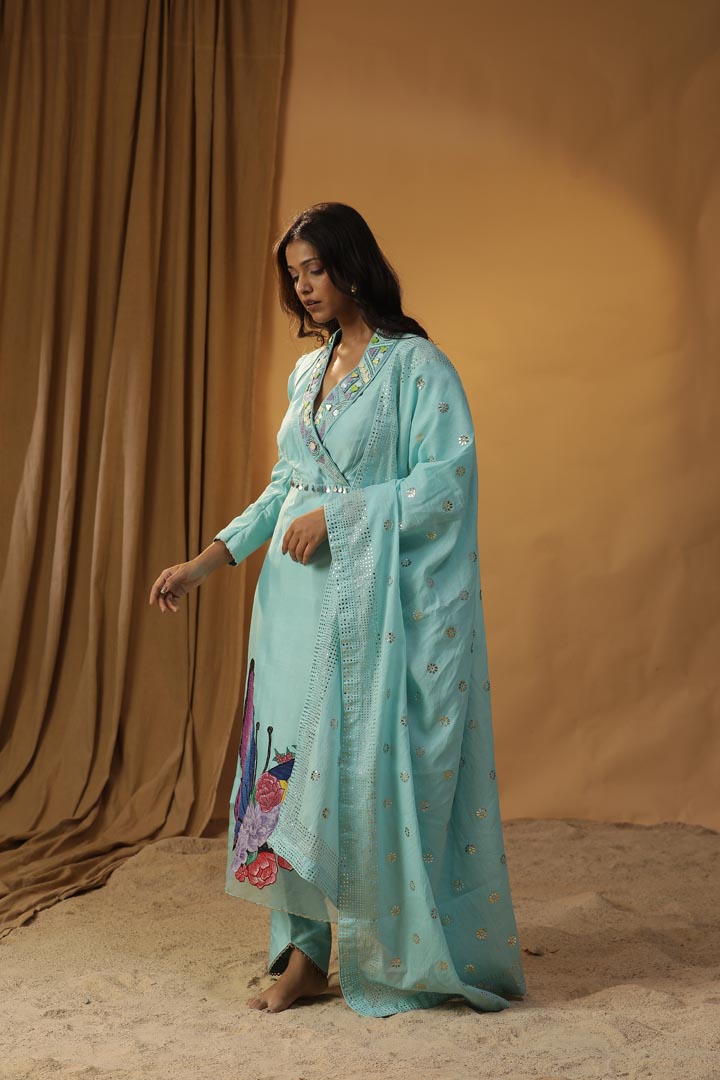 Image of SKY BLUE BUTTERFLY HANDPAINTED SUIT SET