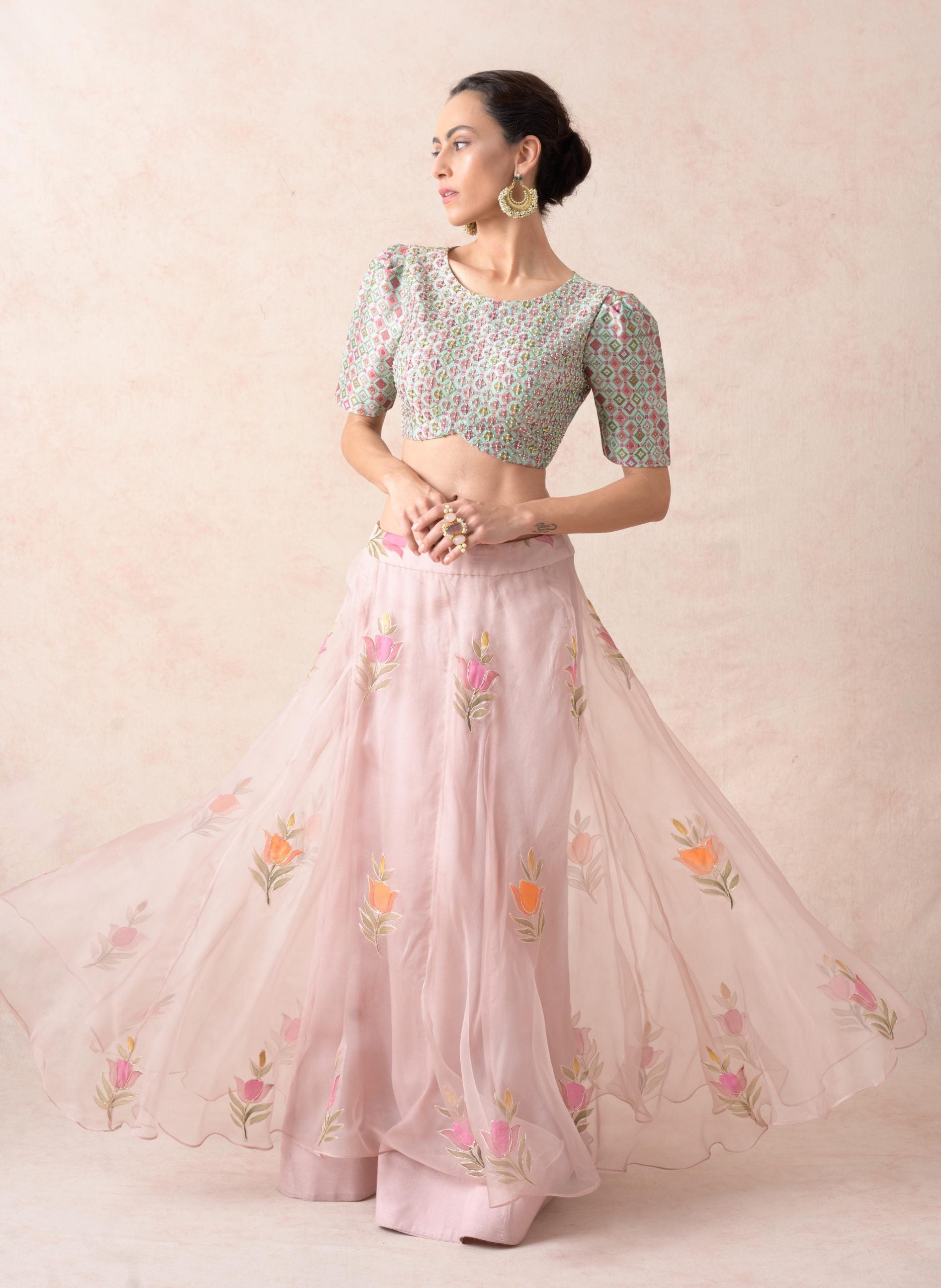 Hand embroidered blouse with powder pink organza lehenga with hand painted buttis, dupatta