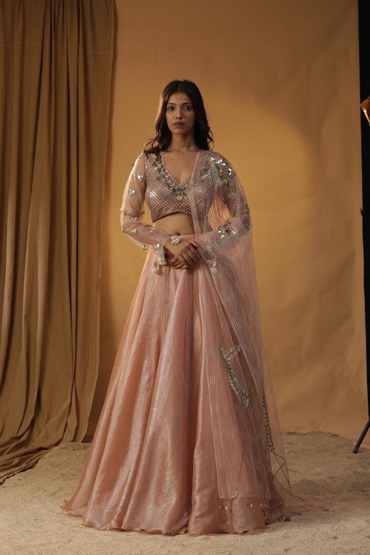 Image of PEACH ORGANZA LEHENGA SET