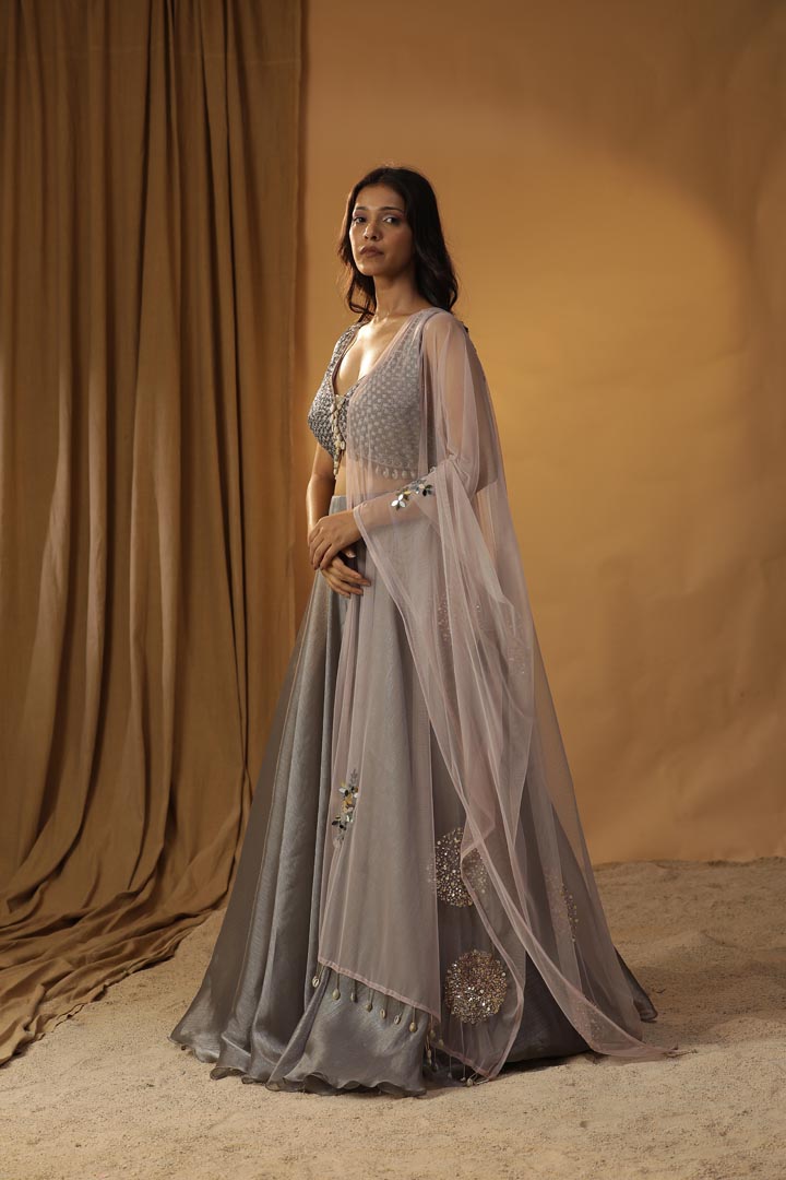 Image of GREY ORGANZA LEHENGA SET