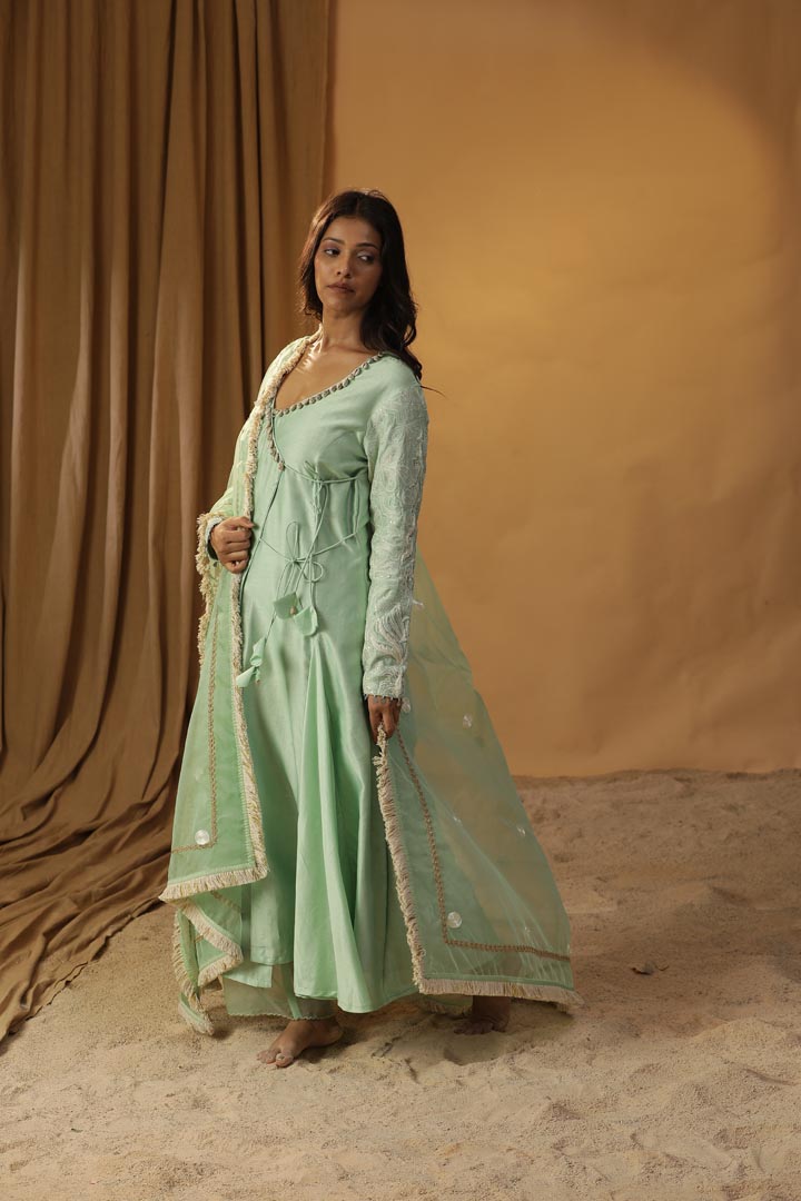 Image of PISTA GREEN ANGRAKHA SUIT SET