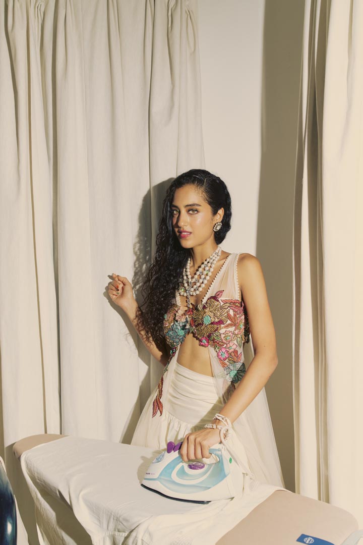 MULTICOLORED PRE DRAPED SAREE SET