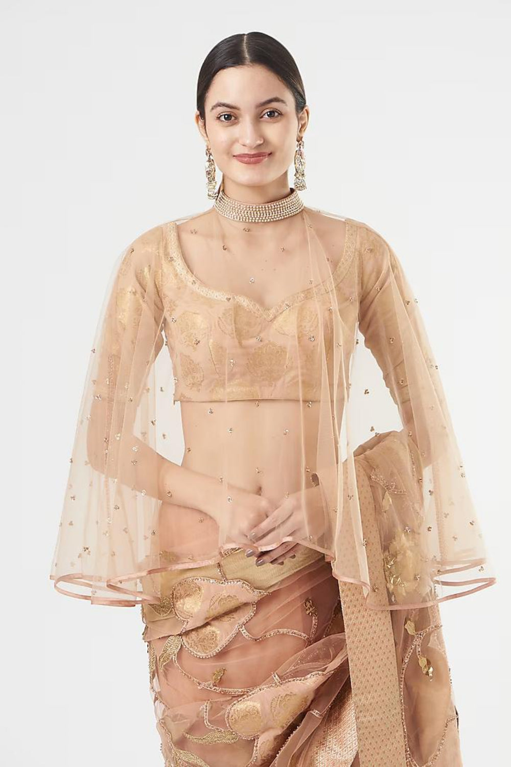 Image of Peach French Net Saree Set