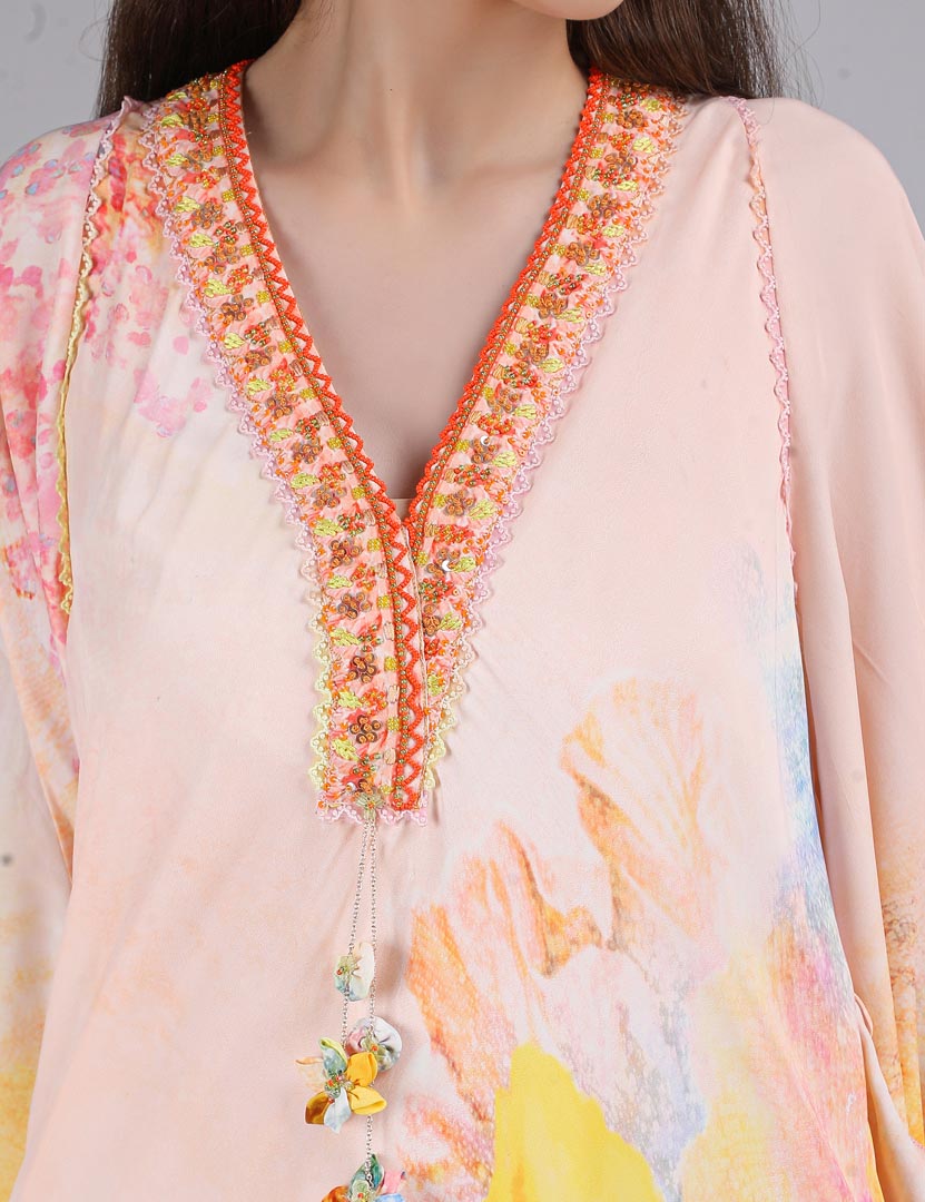 Peach Floral Faux Printed Kaftan Dress