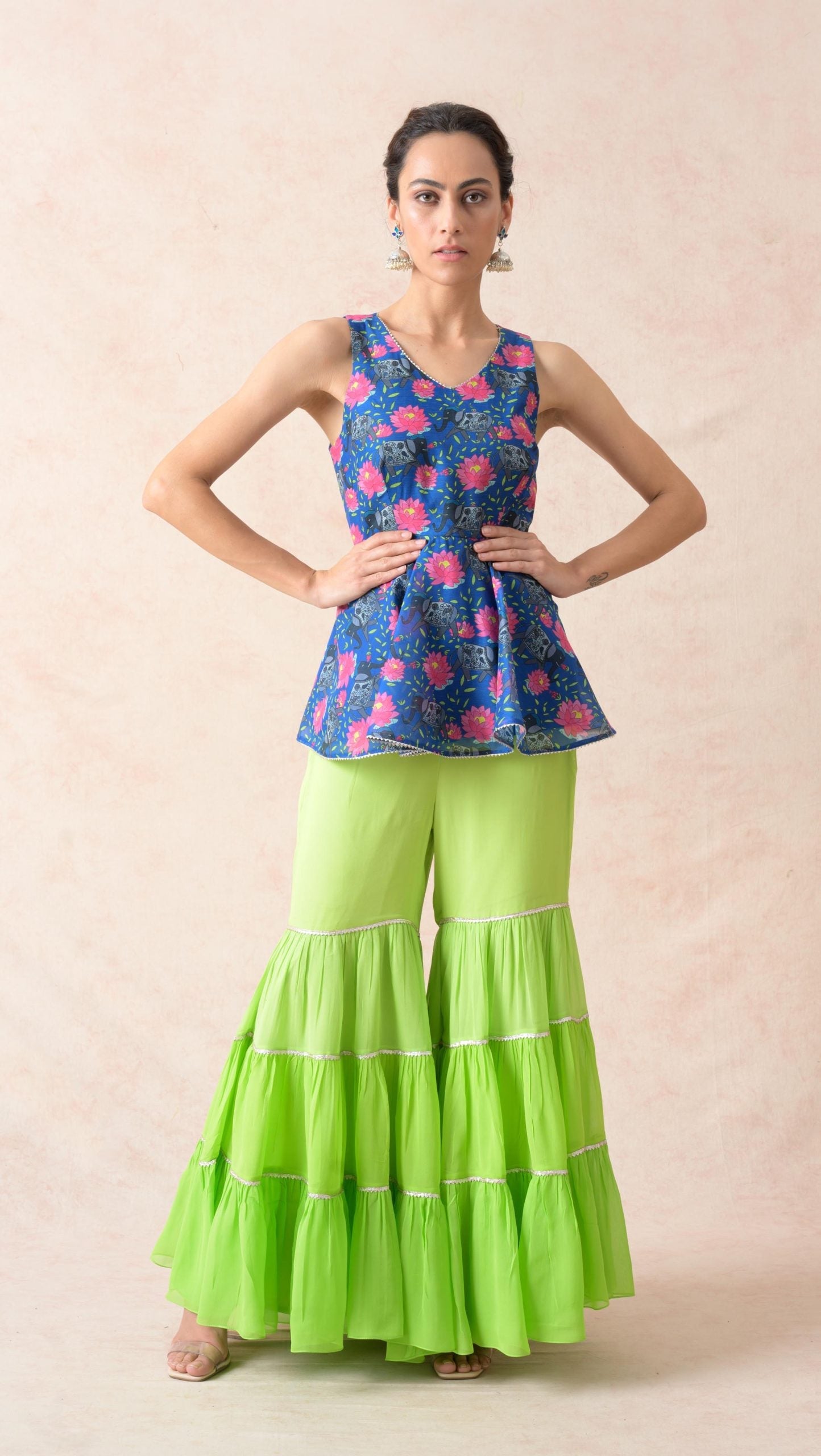 Elephant motifs with floral print peblum kurti with Ombre green tiered gharara, dupatta