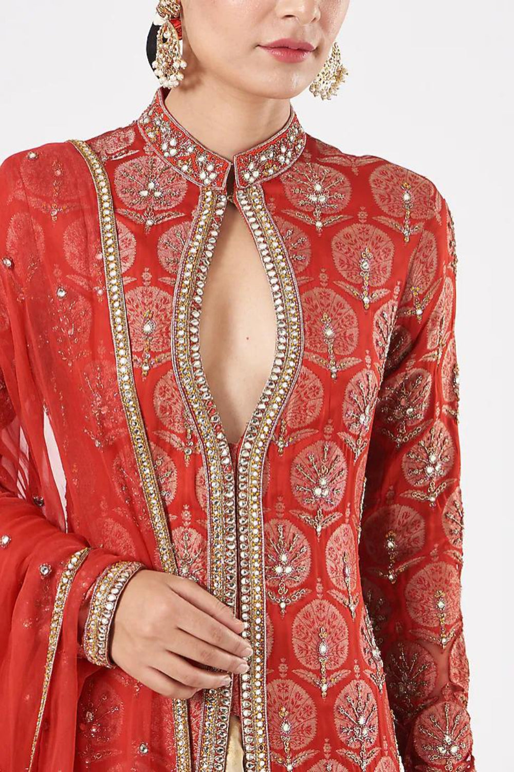 Red and Beige Brocade Embroidered Jacket Lehenga - Auraya Fashion -  - #tag1# - #tag2# - #tag3# - #tag3#