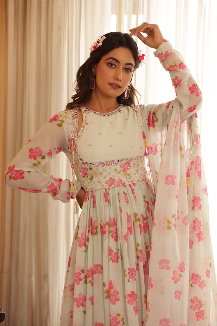 Image of Floral printed chiffon Anarkali with Embroidery and keyhole details on yoke. Paired with chiffon printed dupatta, beads and fringe latkan details all over the dupatta