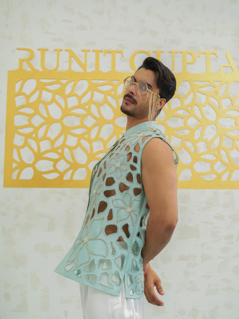 Blue Cutwork Floral Bundi set