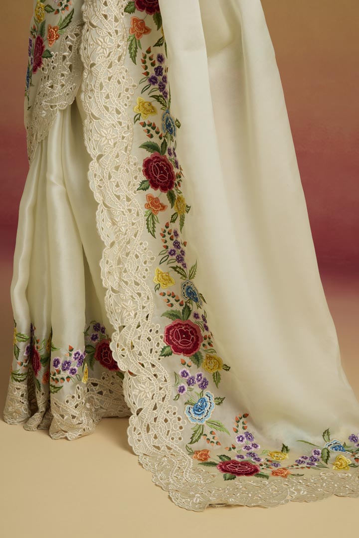 IVORY CUTWORK AND FLORAL THREADWORK SAREE
