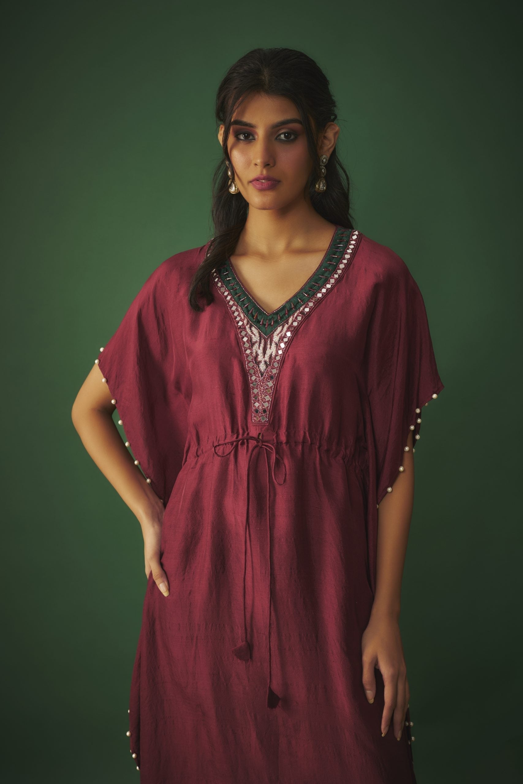 Image of DEEP RED KAFTAN WITH PEARLS