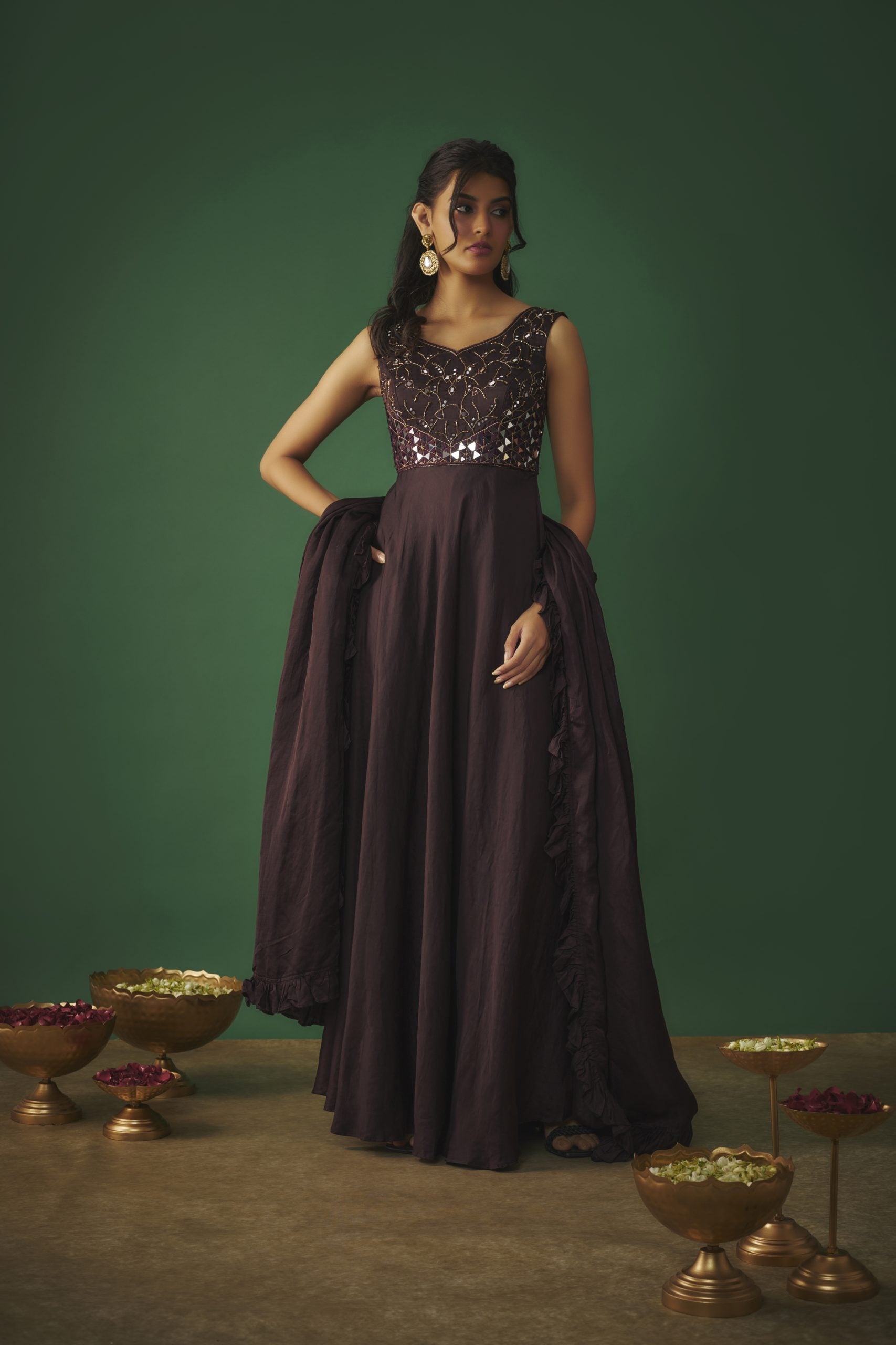 Image of WINE MIRROR EMBROIDERED ANARKALI WITH RUFFLE DUPATTA