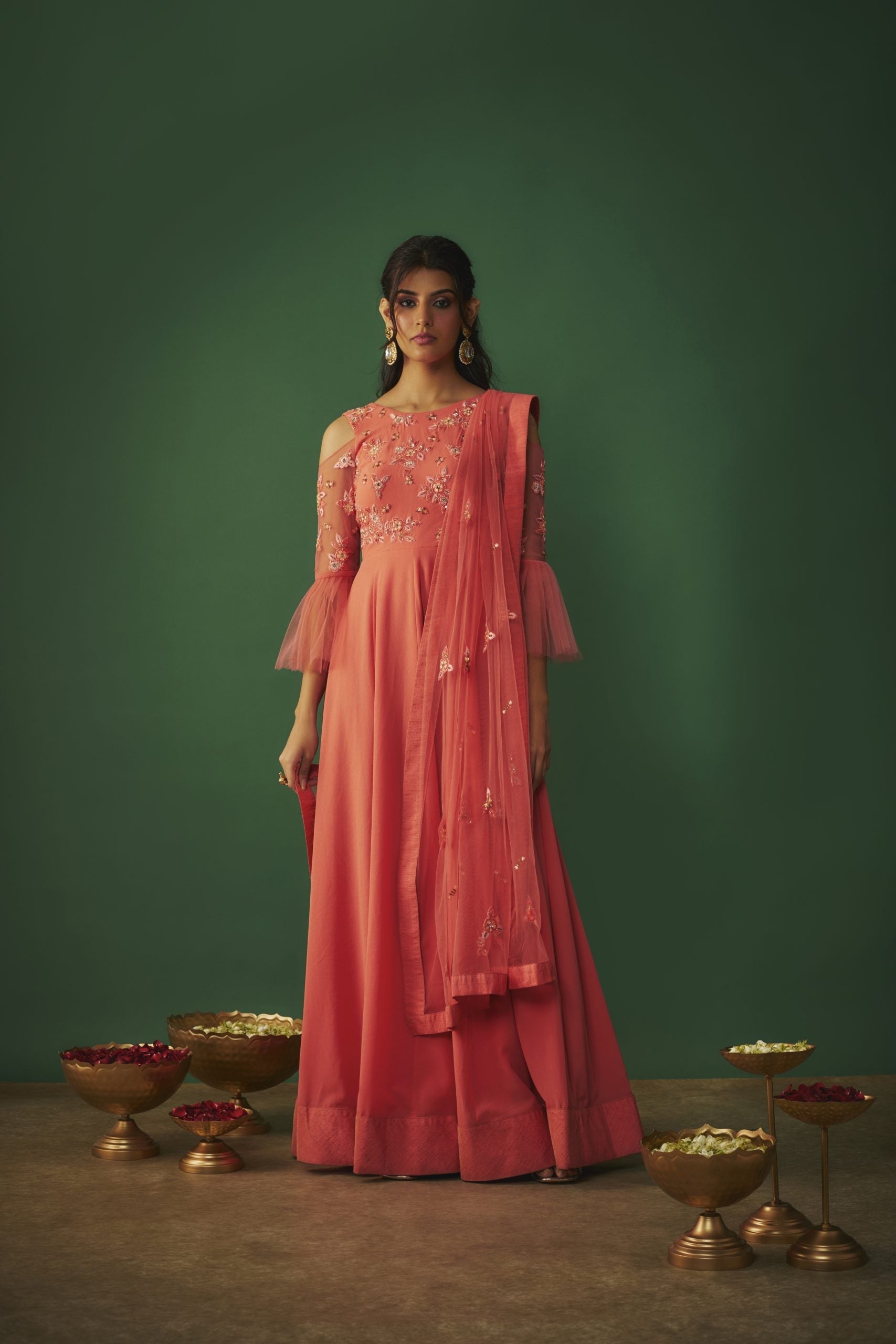 Image of CORAL PINK EMBROIDERED ANARKALI AND DUPATTA SET