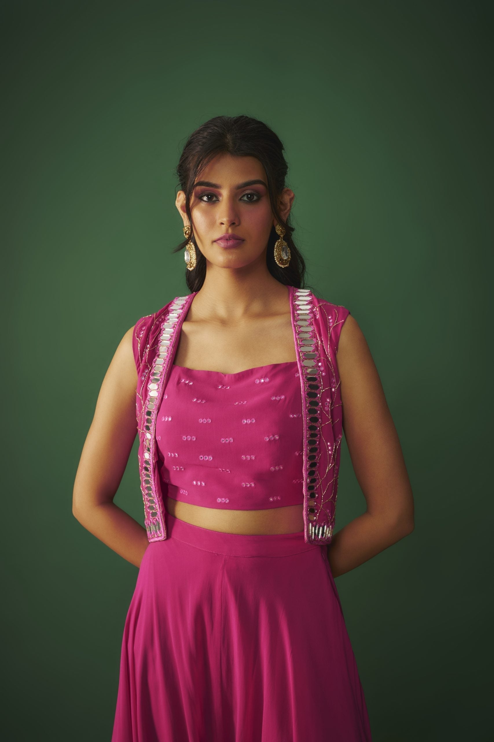 Image of MAGENTA PINK MIRROR EMBROIDERED CHOLI, DHOTI AND CROP JACKET SET