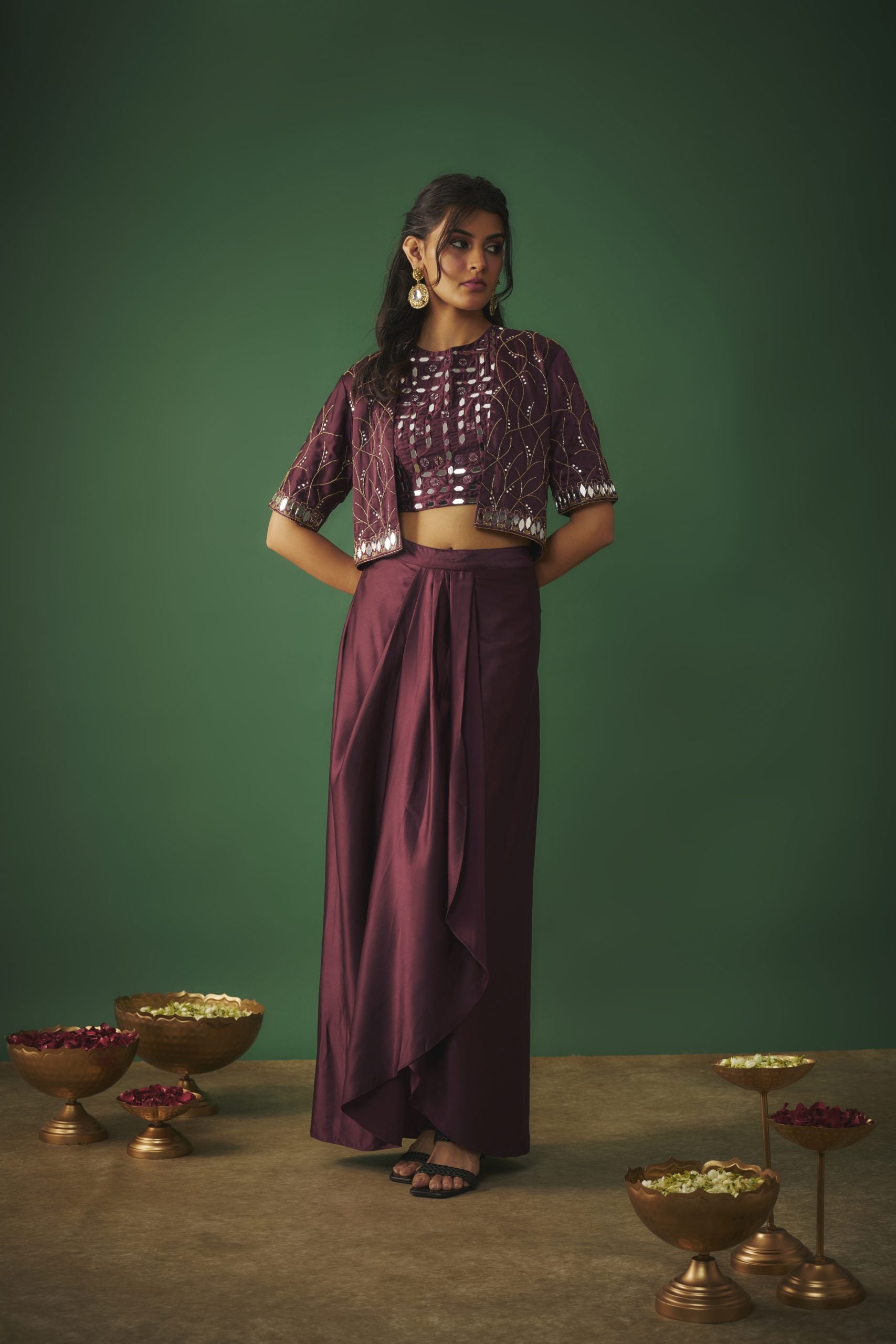 Image of WINE MIRROR EMBROIDERED CHOLI, DHOTI SKIRT AND CROP JACKET SET