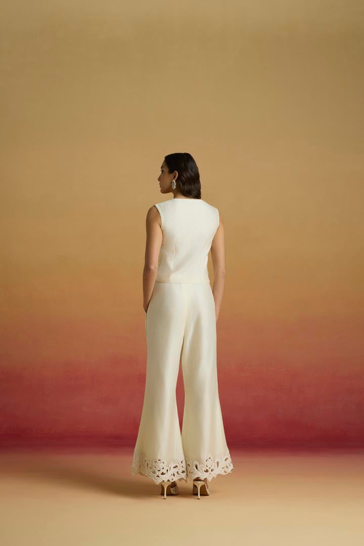 Ivory Chanderi Pleated Crop Top - Elegant Structured Festive Wear