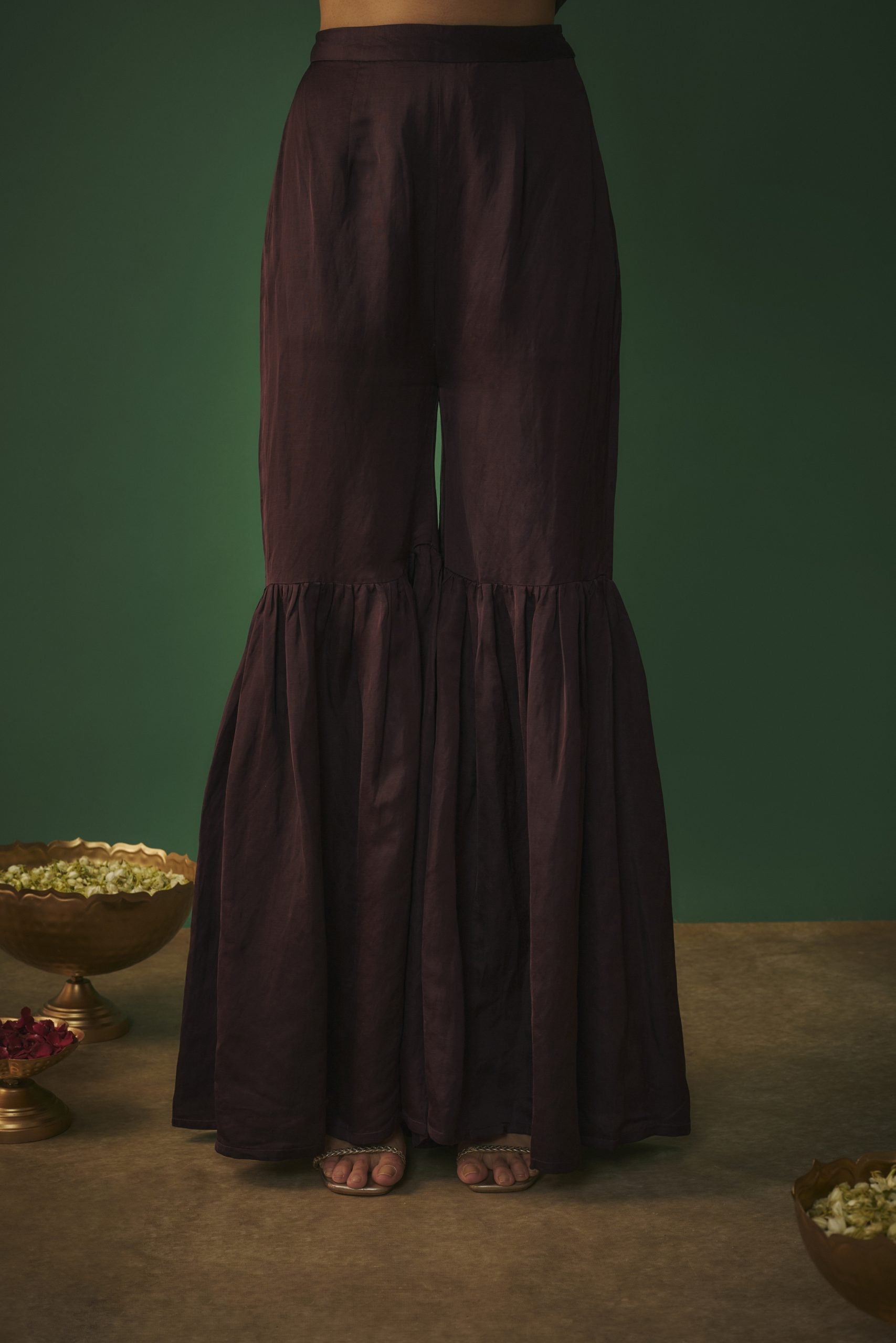 Image of WINE EMBROIDERED HI LOW KURTA AND SHARARA SET