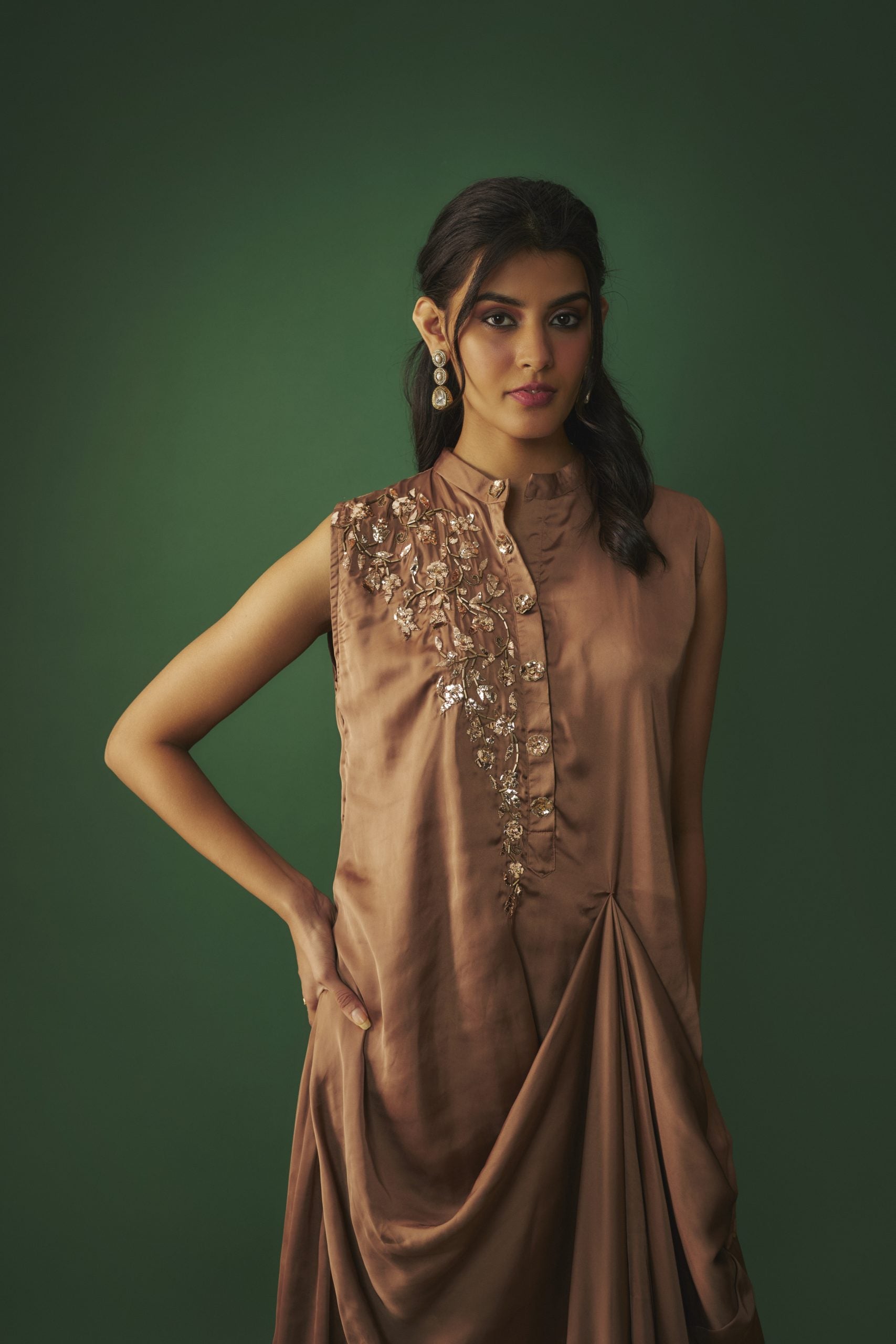 Image of COFFEE BROWN MUKAISH EMBROIDERED DRAPED GOWN