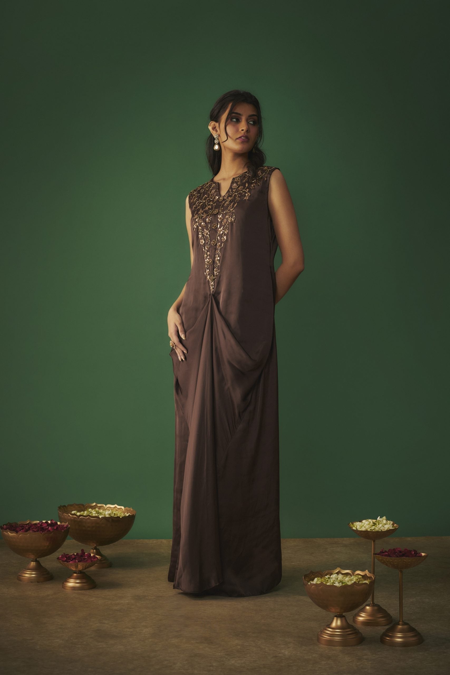 Image of CHOCOLATE BROWN MUKAISH EMBROIDERED DRAPED GOWN