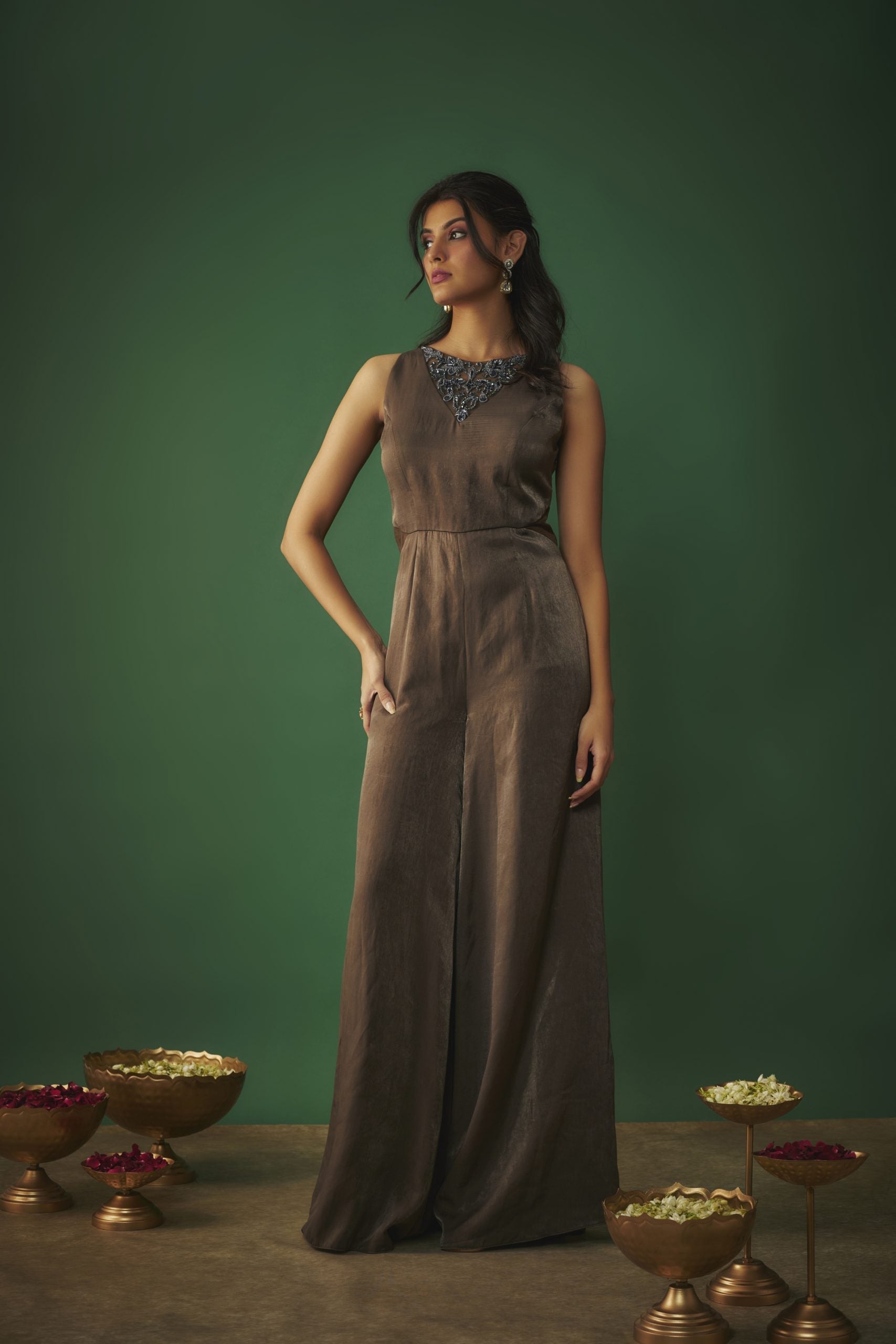 Image of GREY FLARED JUMPSUIT WITH EMBROIDERED NECK