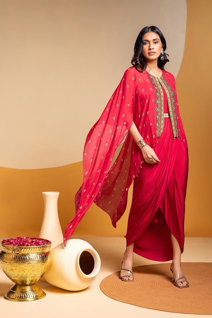 Taarani drape dress with embroidered capeSP4918