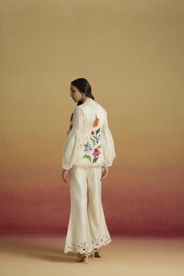 Ivory 3D Floral Applique Flared Jacket - Luxury Silk Organza