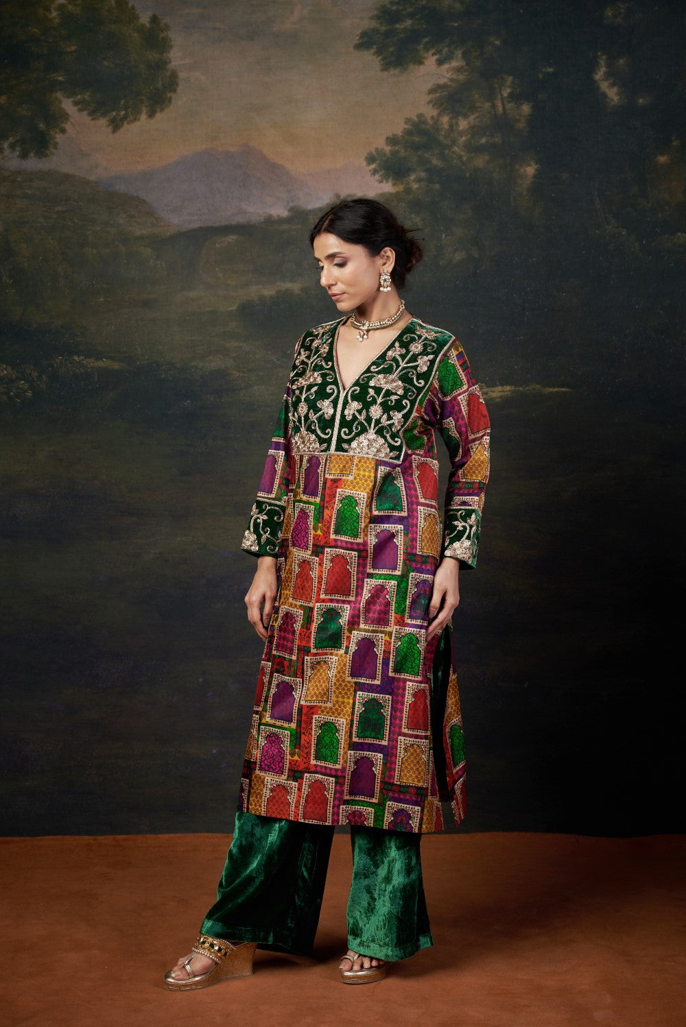 Hand-Embroidered Jharoka Print Green  Kurta Set
