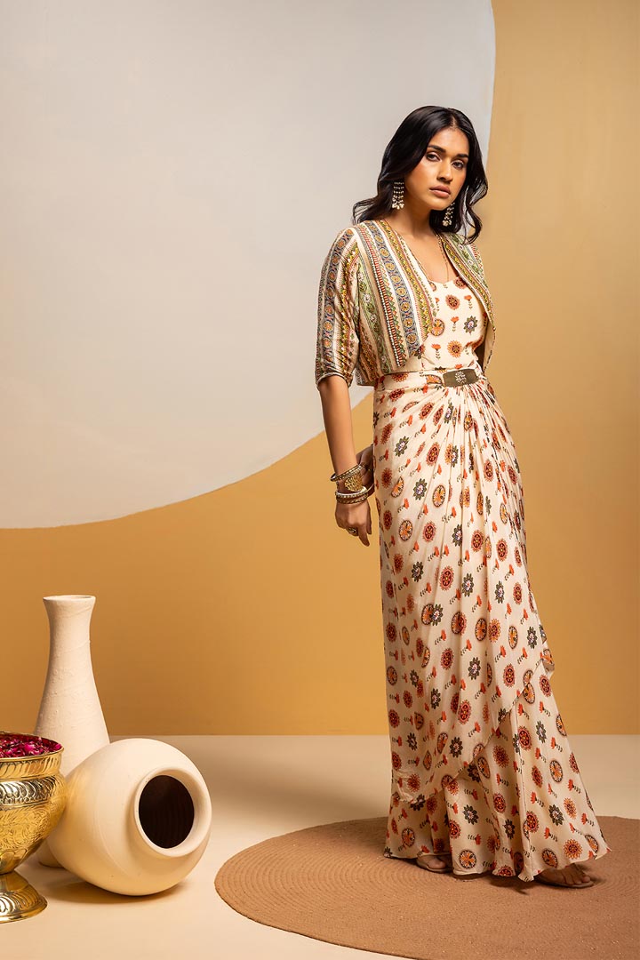 Taarani embellished long drape dress setSP4938