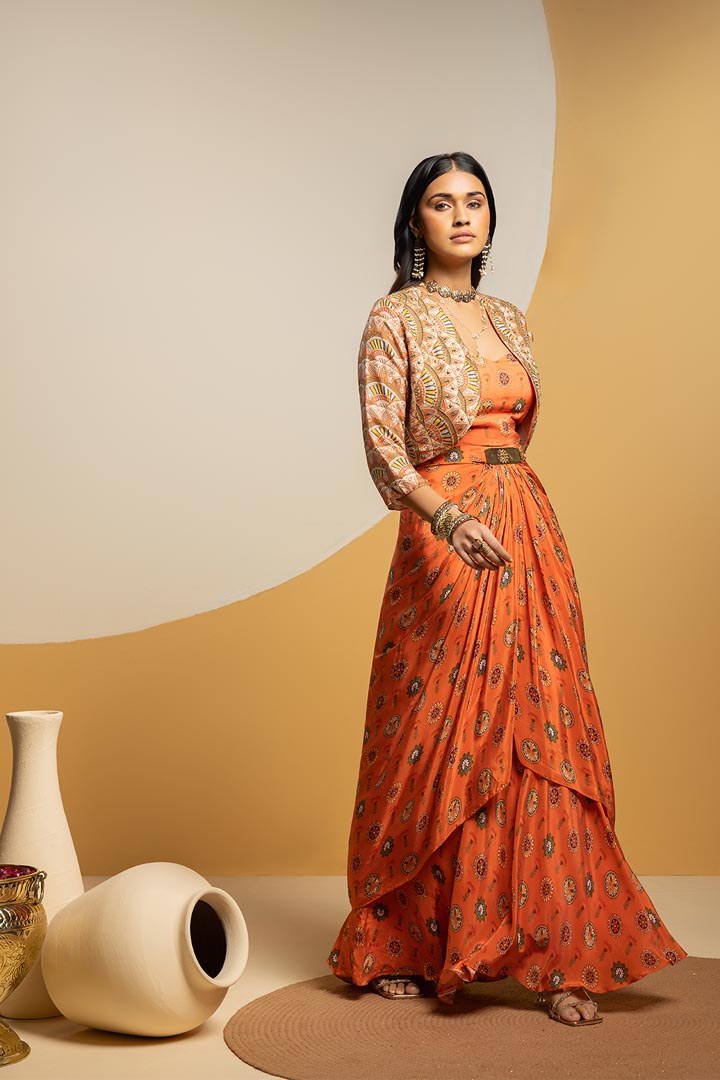 Taarani embellished long drape dress setSP4937
