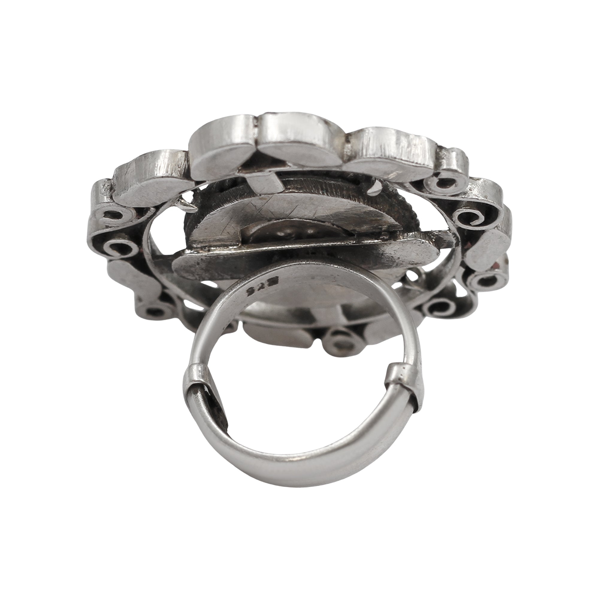 Sangeeta Boochra Sterling Silver Ring with Peacock Artwork & Stone Detailing