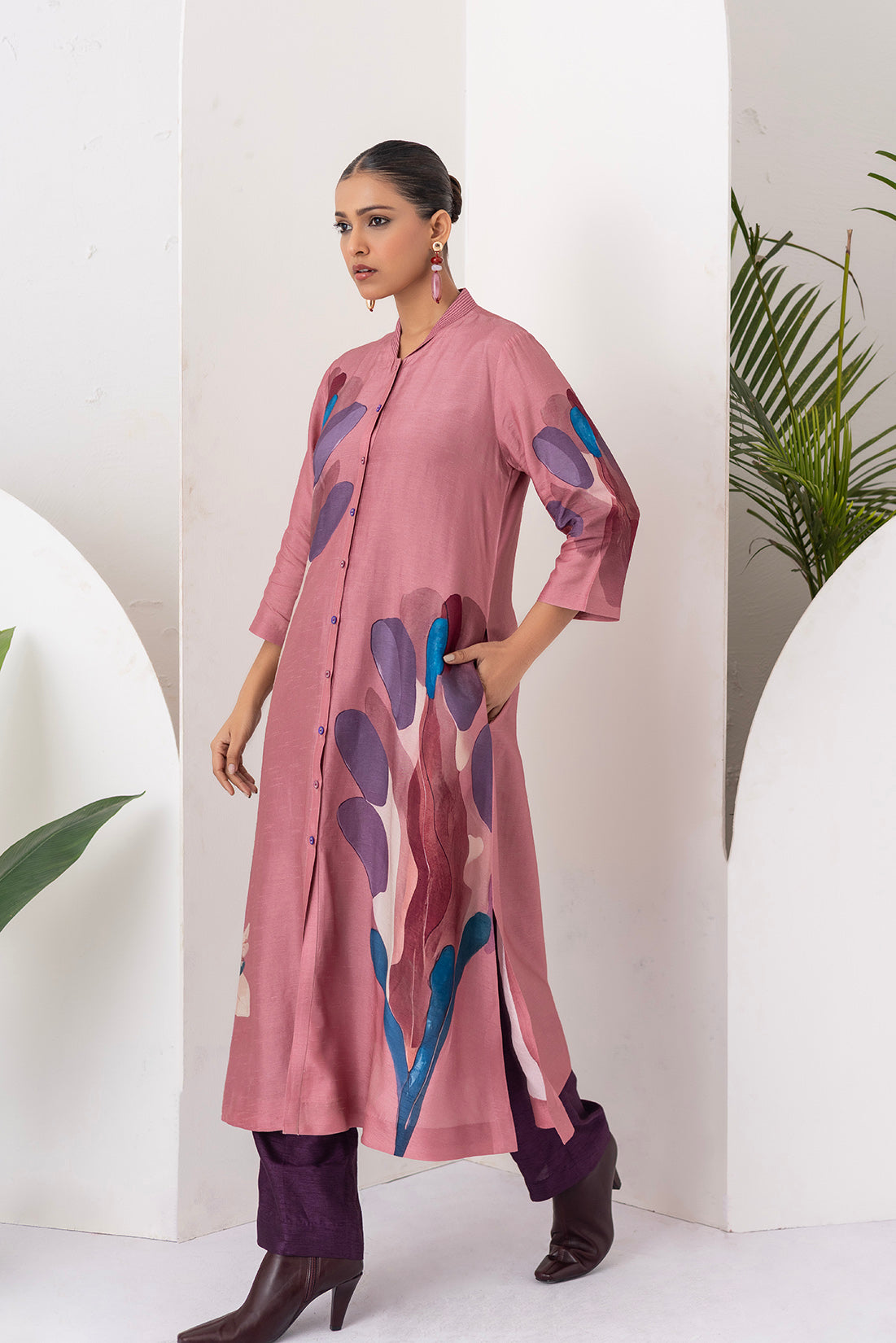 Salmon Pink Viscose Dupion Printed Dress (1 PC)