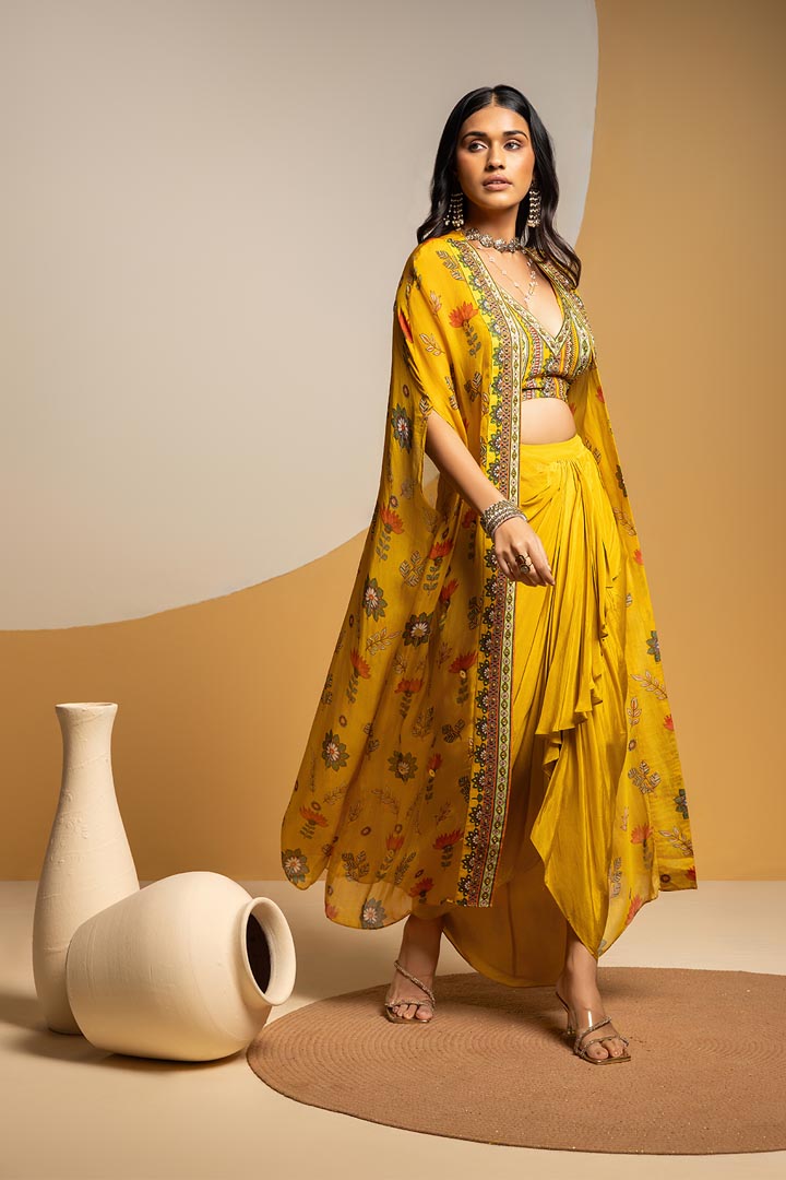 Taarani embellished  drape skirt  set with long capeSP4917