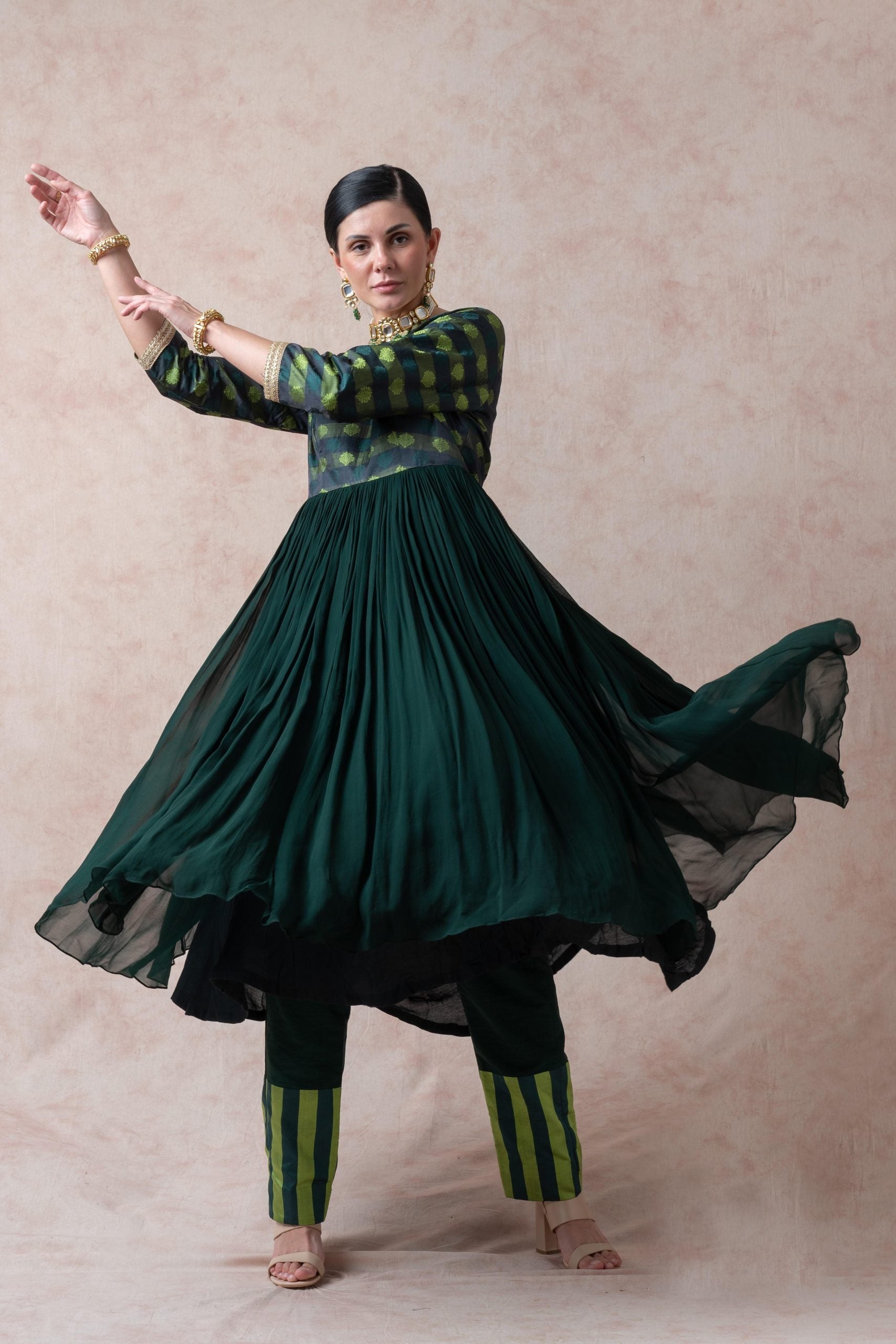 Bottle Green Tanchoi Silk Anarkali with palazzo